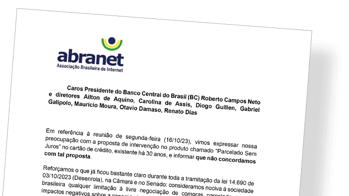 Parcelamento sem juros: Abranet refuta limitar parcelamento sem juros em 12 prestações